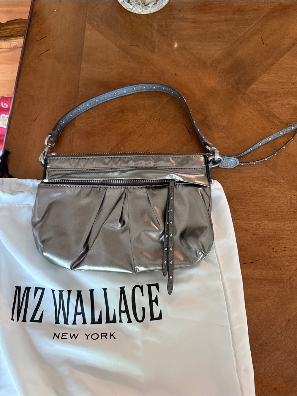 MZ Wallace Metallic Silver Pleated Shoulder Bag